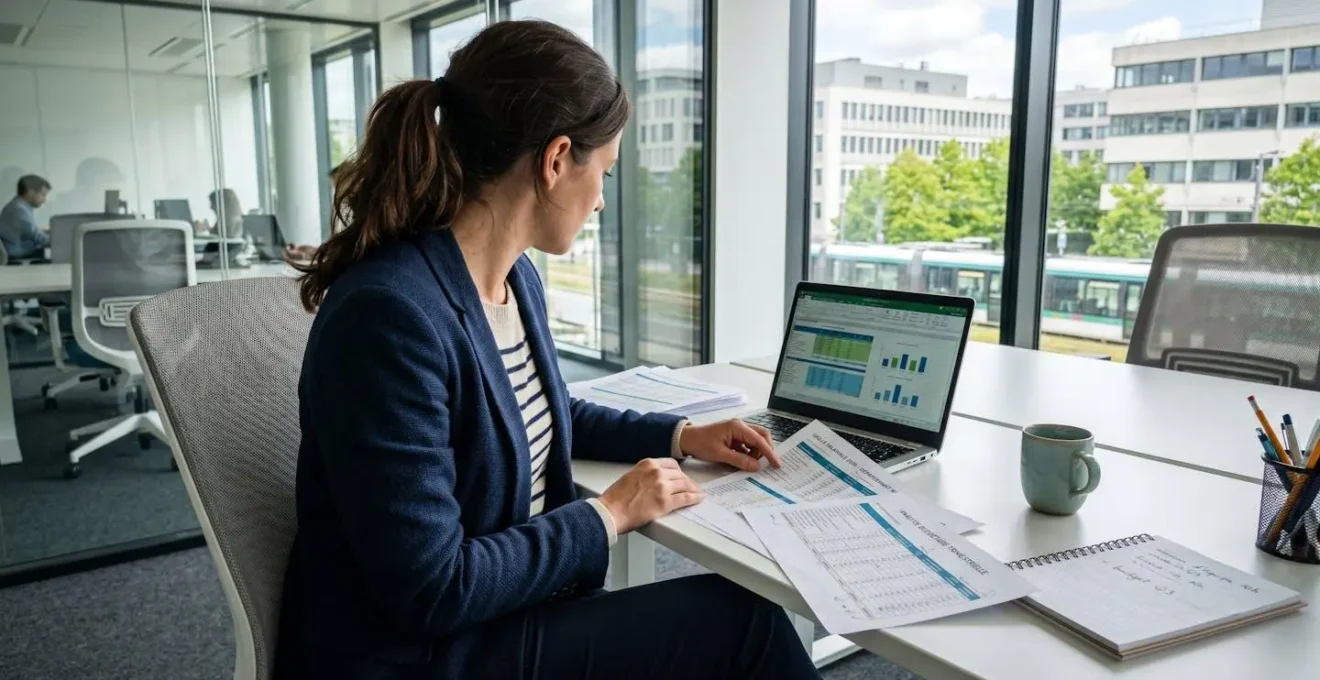 Une directrice des ressources humaines de dos consulte des grilles salariales et des tableurs sur son bureau dans un environnement de travail contemporain éclairé naturellement