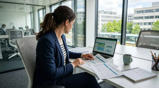 Une directrice des ressources humaines de dos consulte des grilles salariales et des tableurs sur son bureau dans un environnement de travail contemporain éclairé naturellement