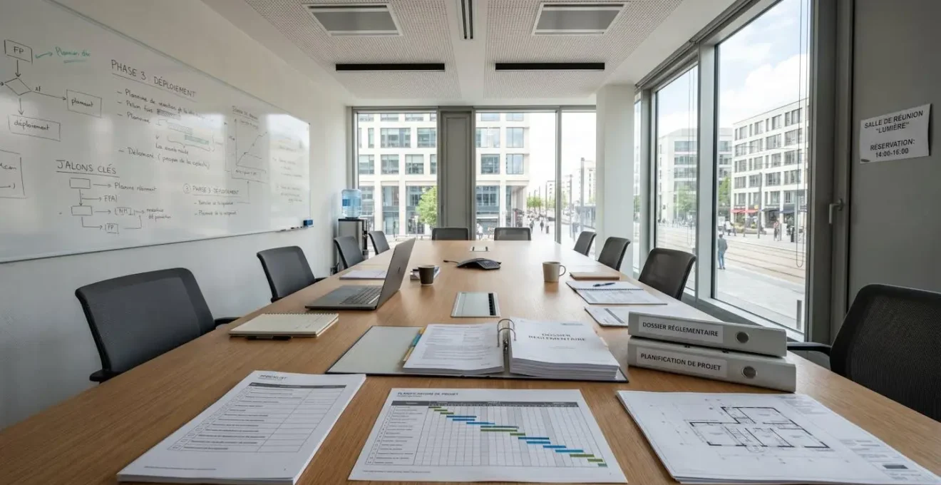 Salle de réunion professionnelle moderne avec des documents de projet organisés sur une grande table, incluant des checklists et des plannings, éclairée naturellement