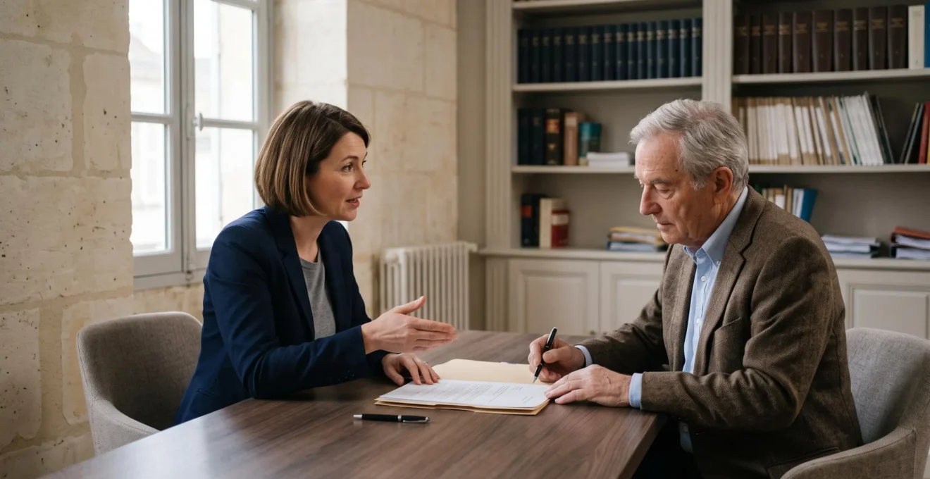 Une avocate explique un document de succession à un homme senior dans un bureau de notaire lumineux.