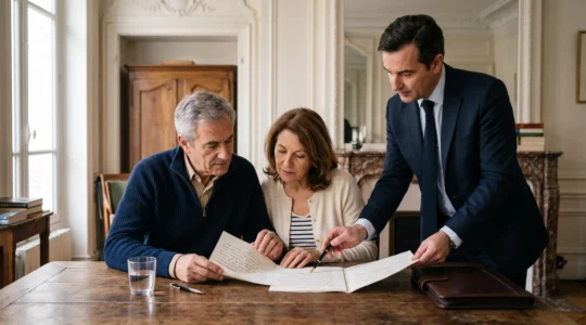 Un couple et un notaire examinent ensemble un document de testament autour de la table d'une salle à manger française.
