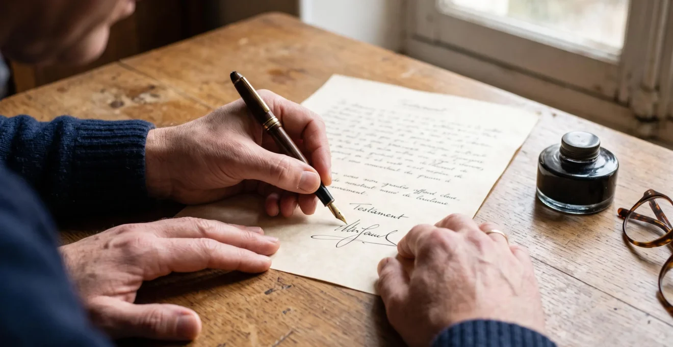 Des mains signent un testament manuscrit à l'aide d'un stylo-plume posé sur un bureau en bois.